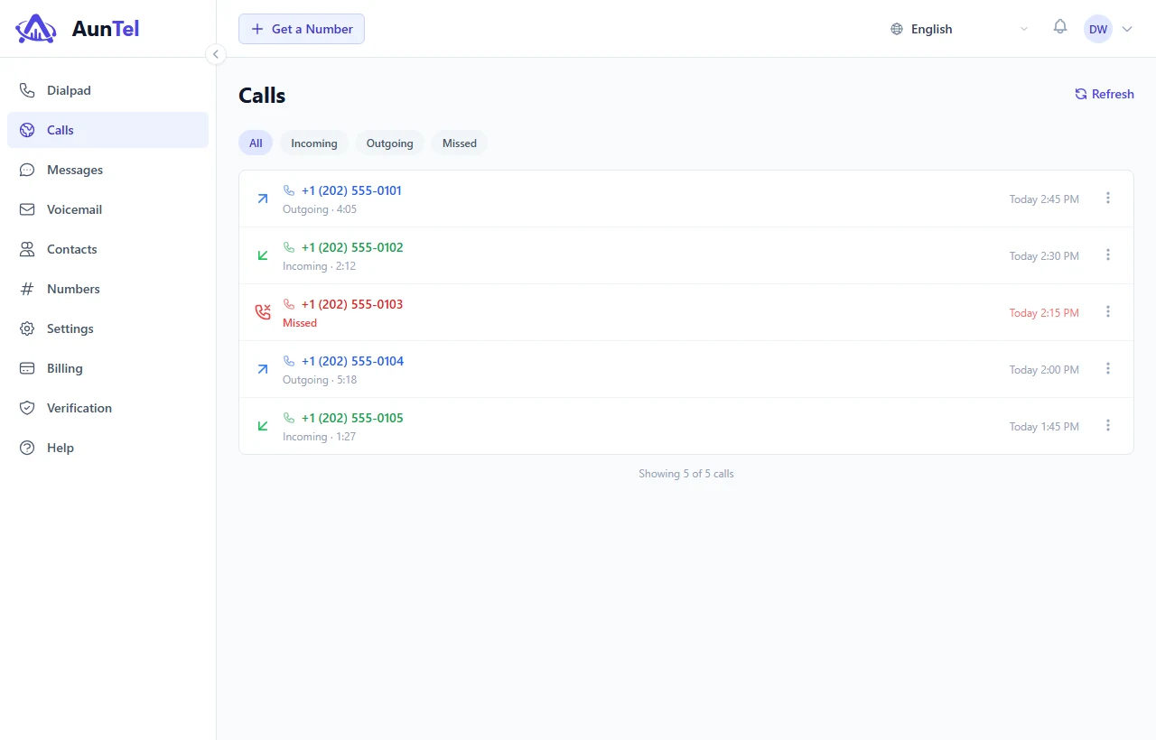AunTel call history showing sample incoming, outgoing, and missed calls.